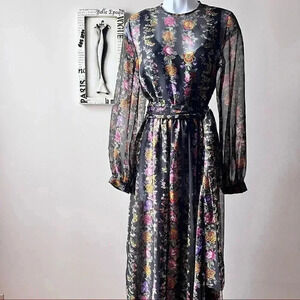 Vintage 60s Floral Print Sheer Chiffon Long Sleeve Belted Wedding Guest Dress